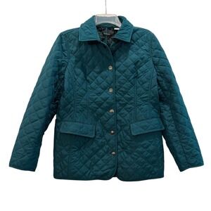 Chicos Quilted Jacket Teal Green Silver Button Diamond Stitch Coat Size 1 / US 8